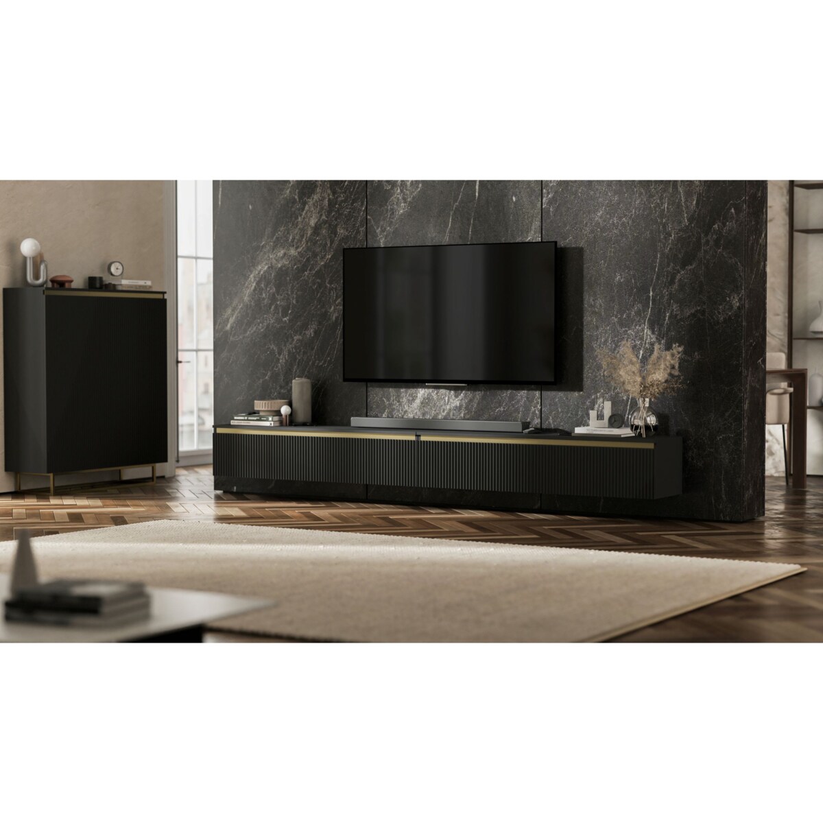 Wisząca Szafka RTV Glamour Komoda RTV Czarny Mat 280 cm ryflowane fronty