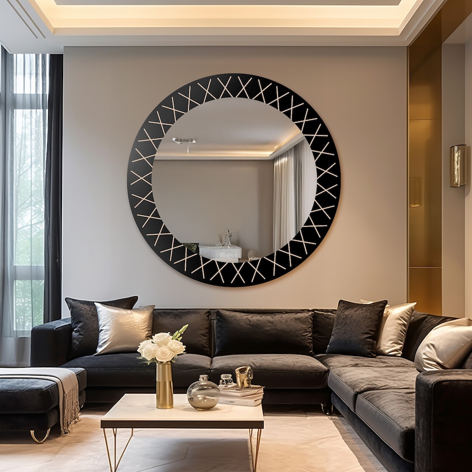 Okrągłe lustro na czarnym lacobelu ze złotym wzorem - LINIERO