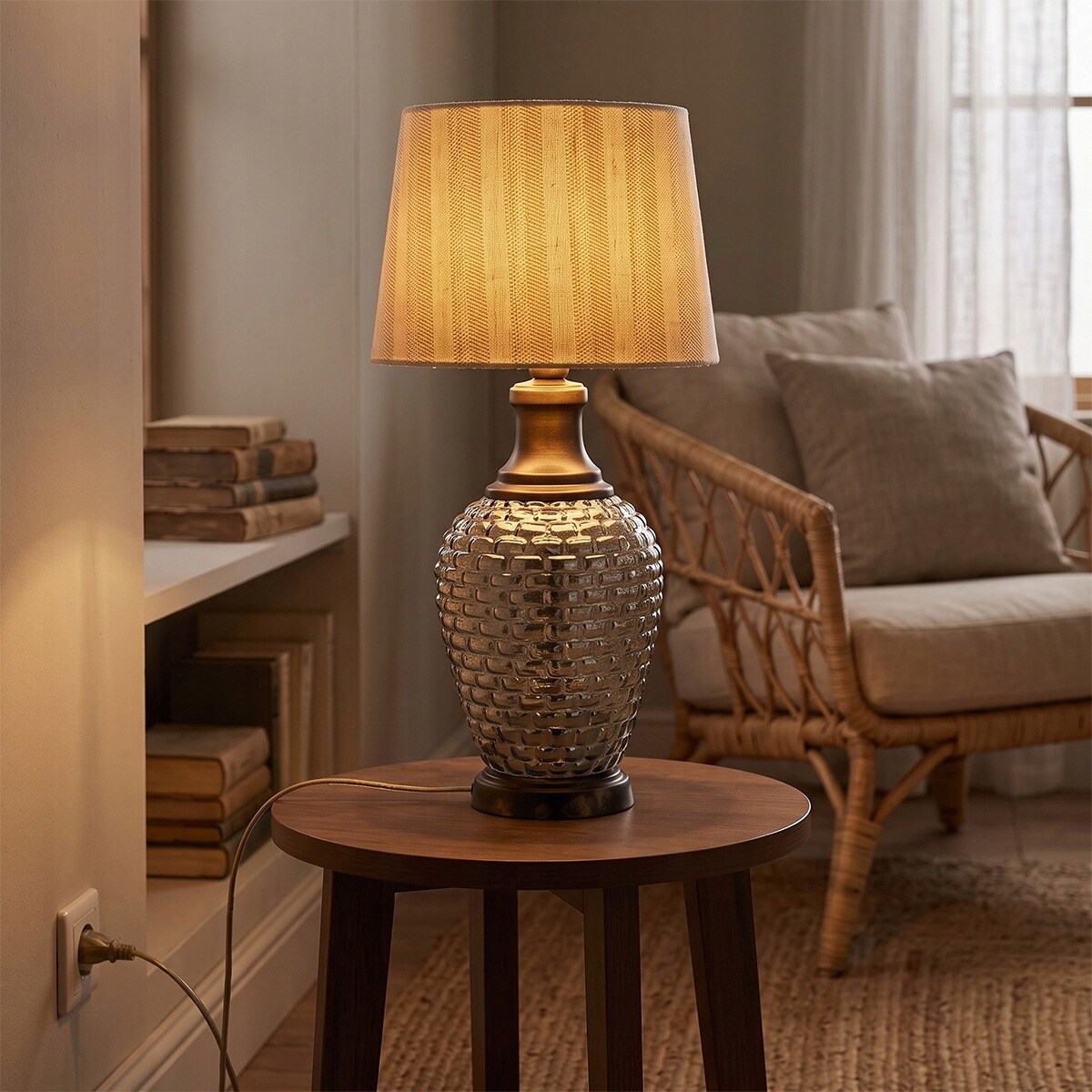 LAMPA STOŁOWA BIURKOWA NOCNA SZKLANA DREWNIANA RETRO LOFT BOHO E27 50cm