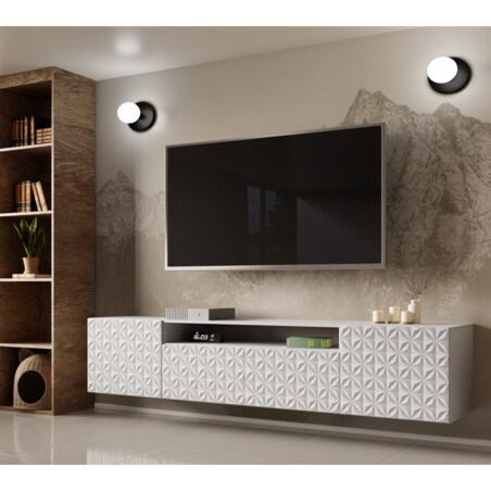 Szafka RTV ALI 200 cm, wisząca, z ozdobnymi frontami, pod telewizor- biała