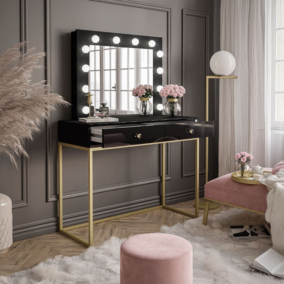 Toaletka BLANCO GOLD z lustrem i 12 LED, czarny połysk ze złotymi akcentami
