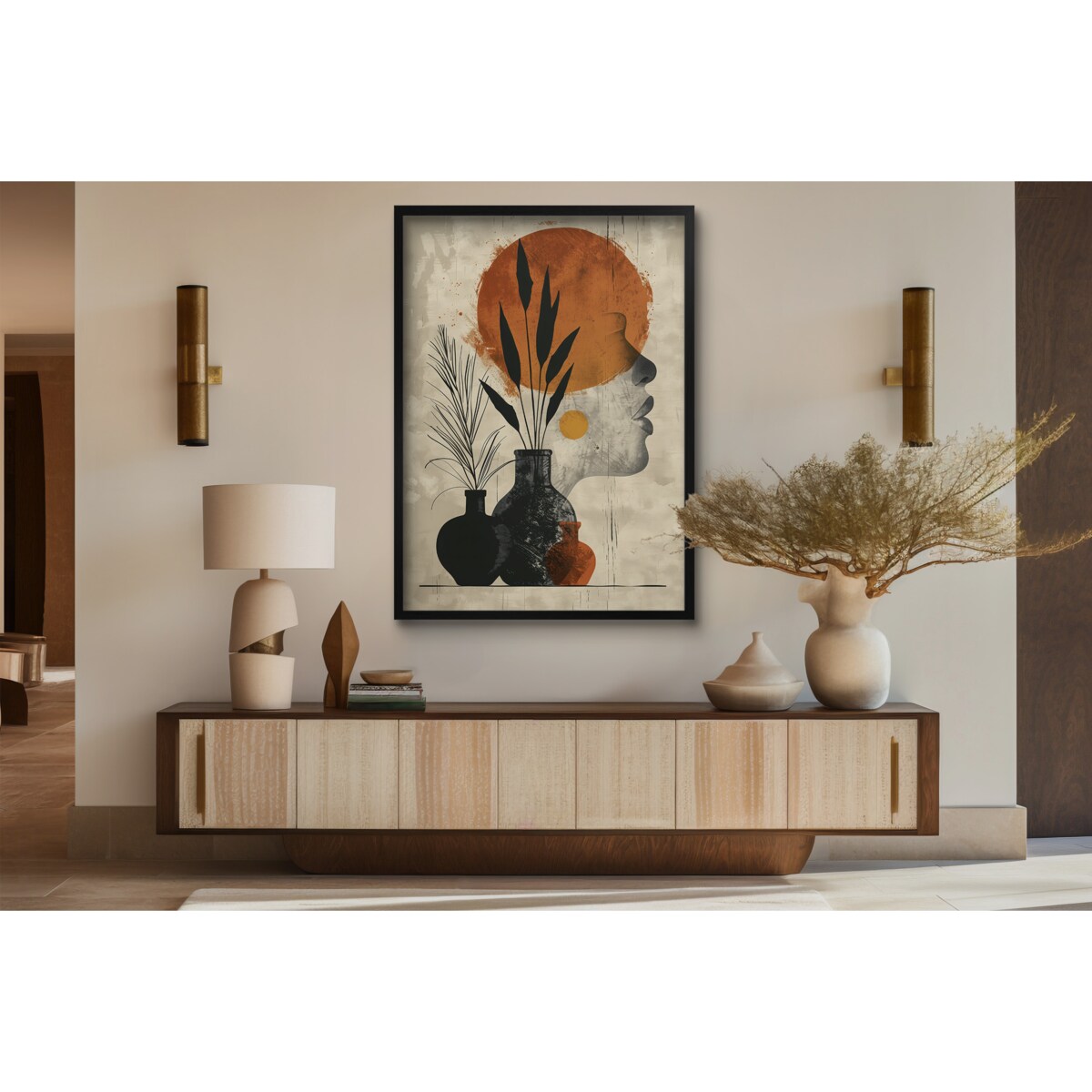 Beżowy Plakat Obraz Nowoczesna Grafika na ścianę do salonu biura Kobieta