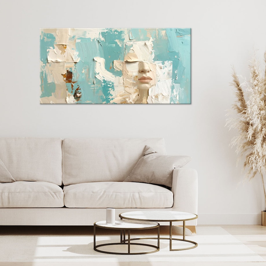 Obraz do salonu sypialni biura loftu, Abstrakcja Portret Kobiety w beżowo turkusowych kolorach 120x60 cm