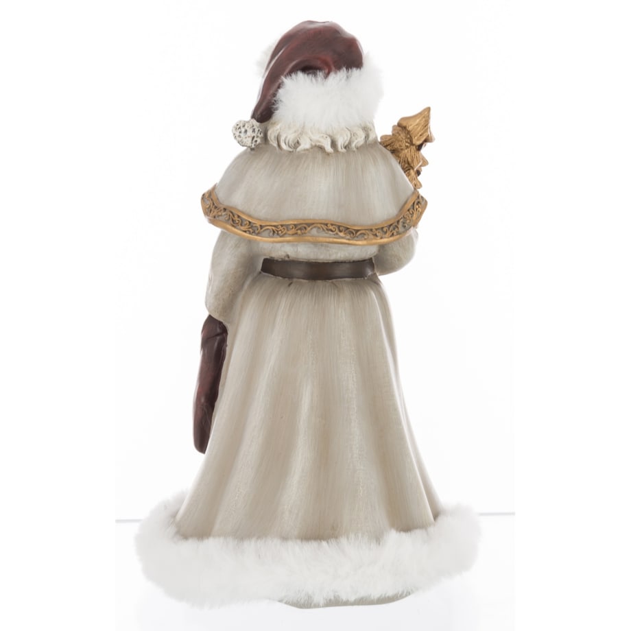 Mikołaj w płaszczu obszytym białym futrem ze złotą choinką i skarpetą z prezentami 22x14x14 cm