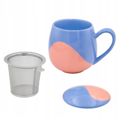 KUBEK PORCELANOWY NA KAWĘ HERBATĘ NIEBIESKO-RÓŻOWY 350ML Z ZAPARZACZEM I POKRYWKĄ PREZENT UPOMINEK DLA KOBIETY MAMY ŻONY BABCI DZIEWCZYNY KOLEŻANKI NIEJ