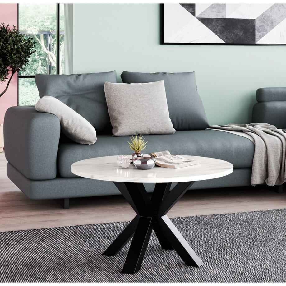 Stolik kawowy NEO okrągły 90 cm, metalowa podstawa- marmur jasny