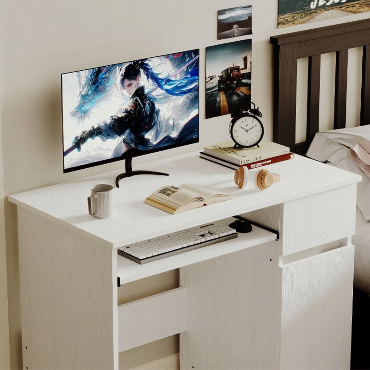 Biurko komputerowe stolik białe młodzieżowe nowoczesne z szuflada półka