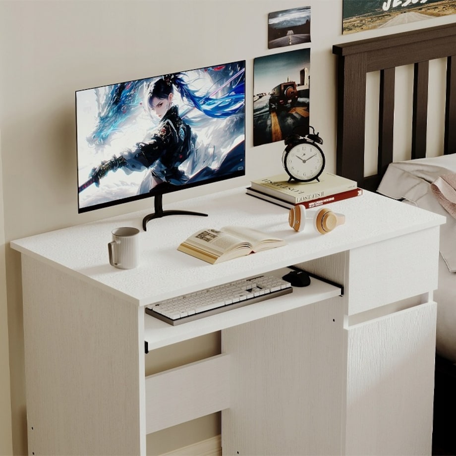 Biurko komputerowe stolik białe młodzieżowe nowoczesne z szuflada półka