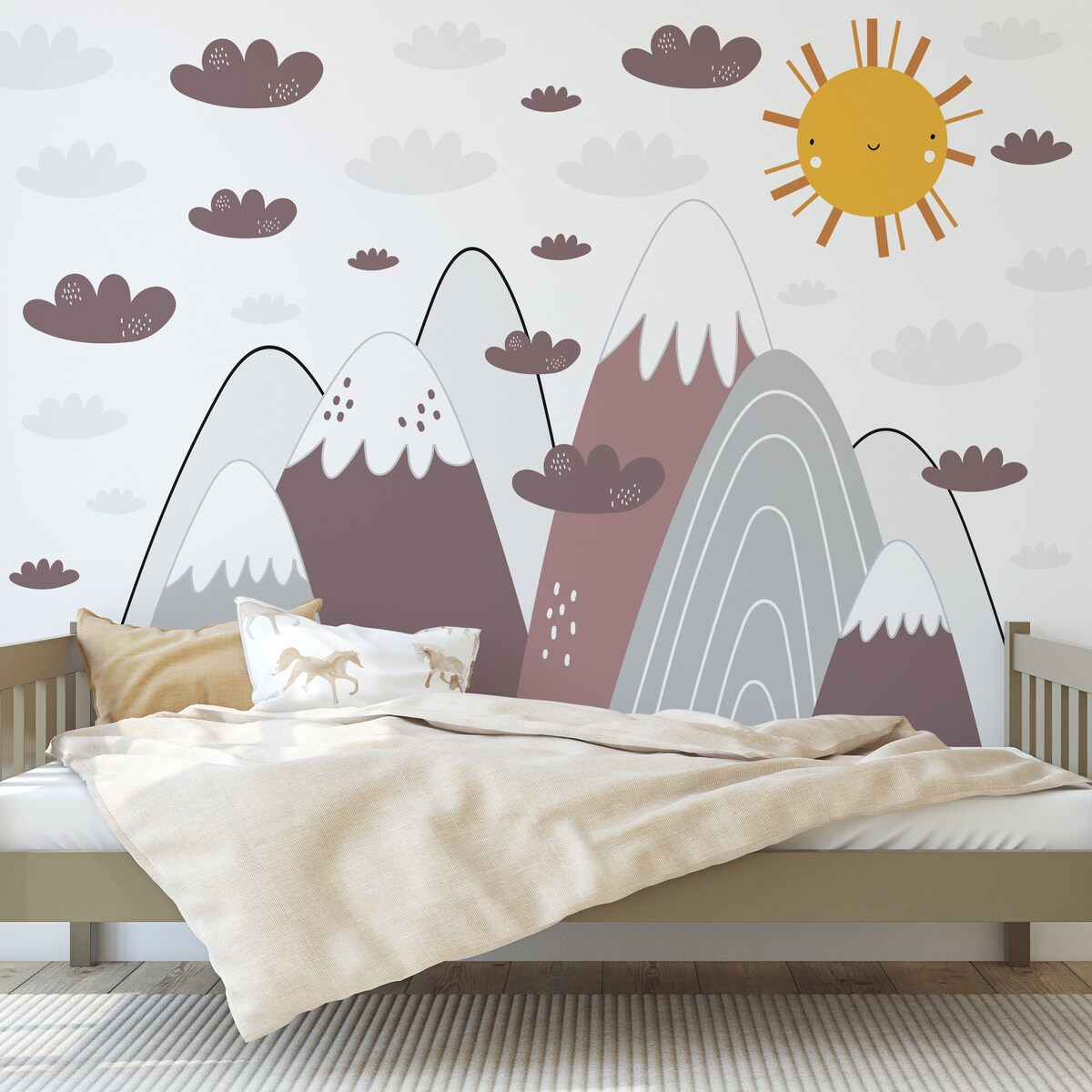 NAKLEJKI ŚCIENNE DLA DZIECI BORDOWE GÓRY CHMURKI ZESTAW STYL SKANDYNAWSKI