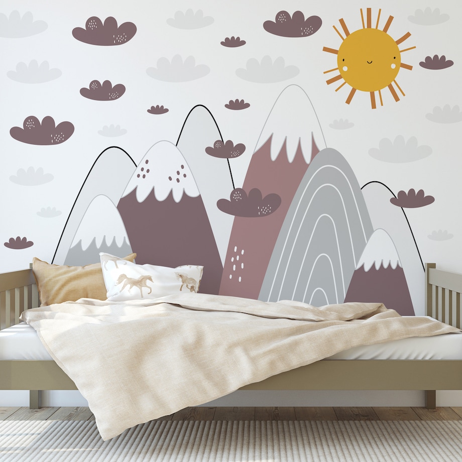 NAKLEJKI ŚCIENNE DLA DZIECI BORDOWE GÓRY CHMURKI ZESTAW STYL SKANDYNAWSKI