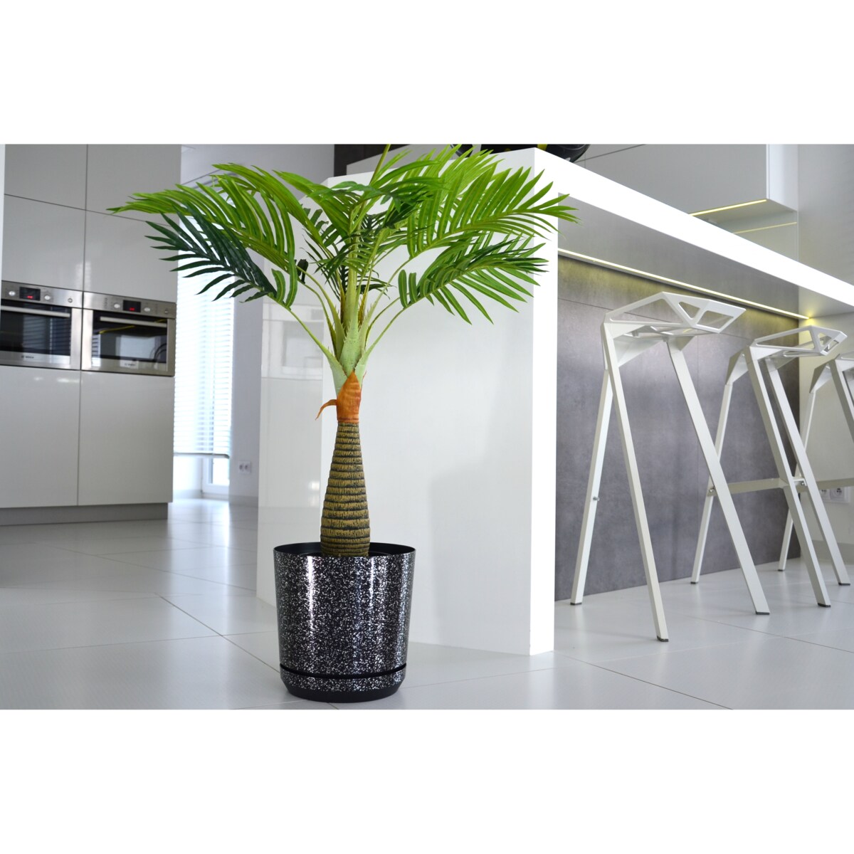 14 cm wzór CZARNY MARMUR Doniczka z podstawką piękne lustrzane drobinki srebrne elementy elegancka