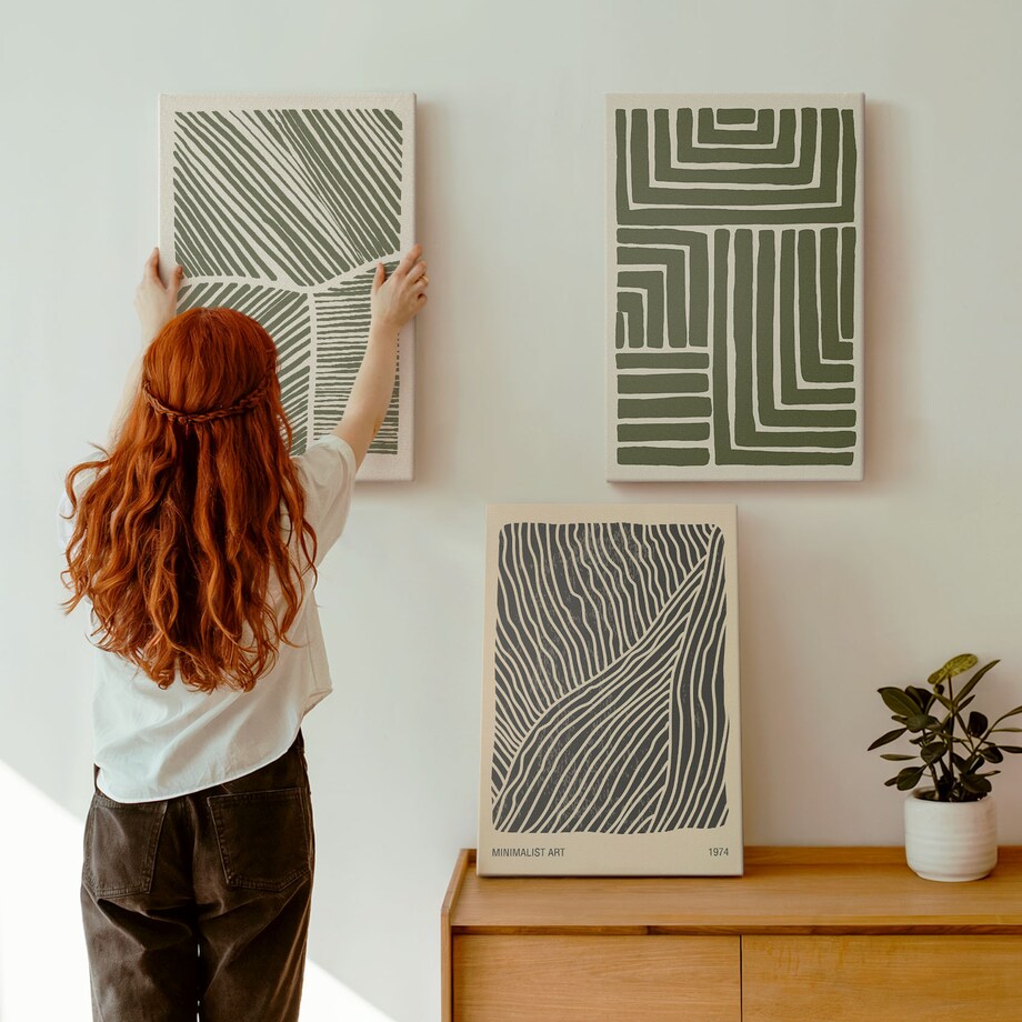 Zestaw 3 dużych obrazów na płótnie - Wzory linii kształty zieleń boho - zielony