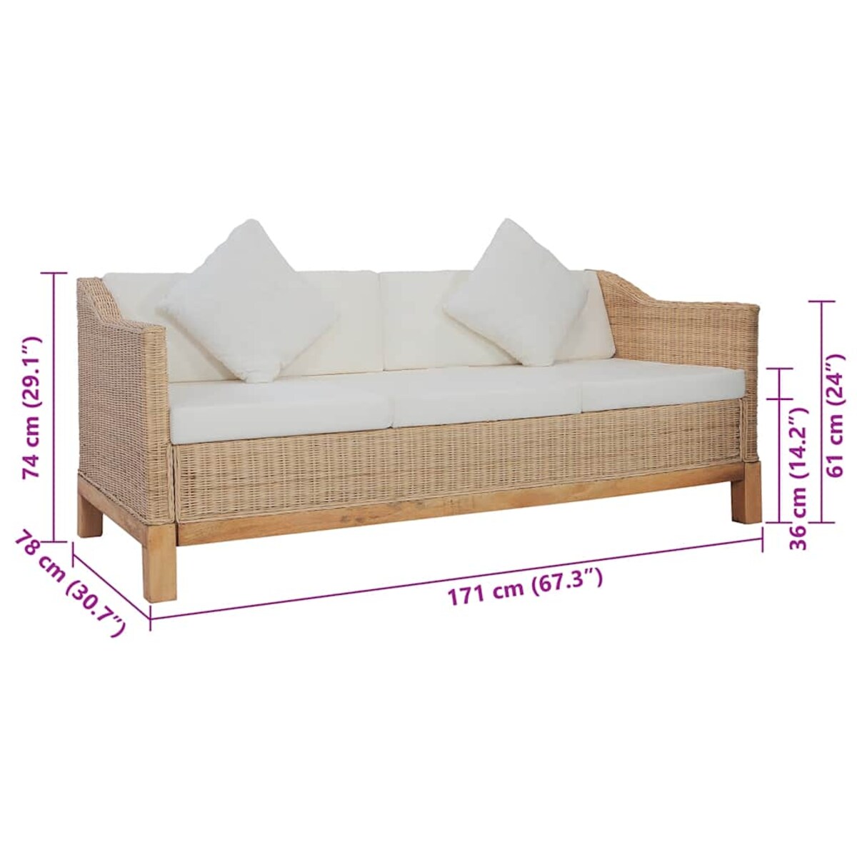 vidaXL 3-osobowa sofa z poduszkami, naturalny rattan