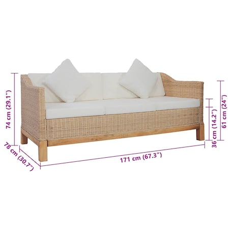 vidaXL 3-osobowa sofa z poduszkami, naturalny rattan
