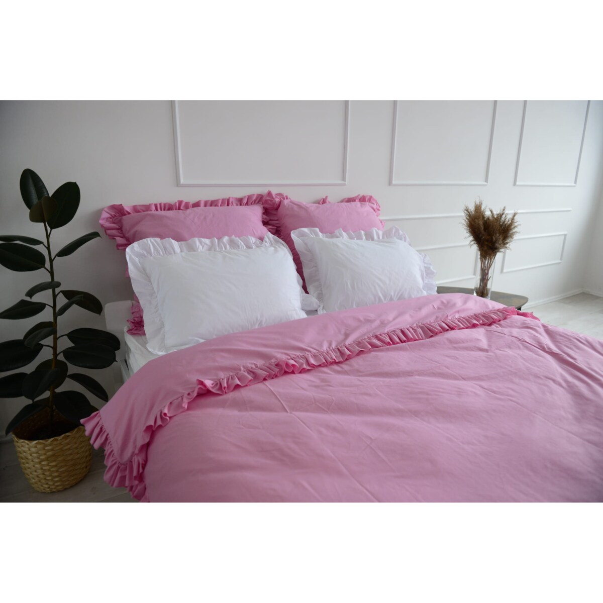 Pościel Bawełniana Z Falbanką Zestaw Komplet Do Sypialni Kołdra + 4 Poduszki 160X200 Róż Biel