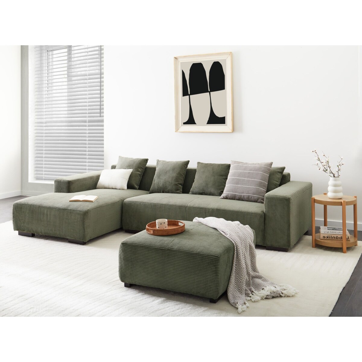 Sofa narożna z otomaną LUNGO Sztruks Zielony dla 4 osób Prawostronny