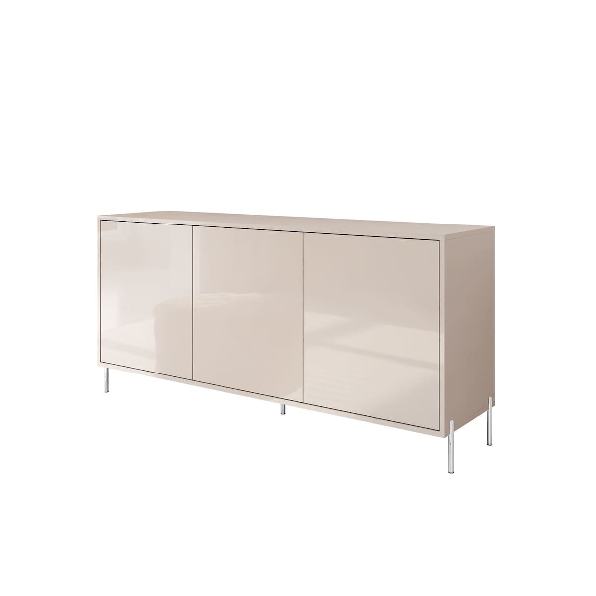 Trzydrzwiowa komoda SANAYI na wysokich, prostych, srebrnych nóżkach, kaszmir połysk