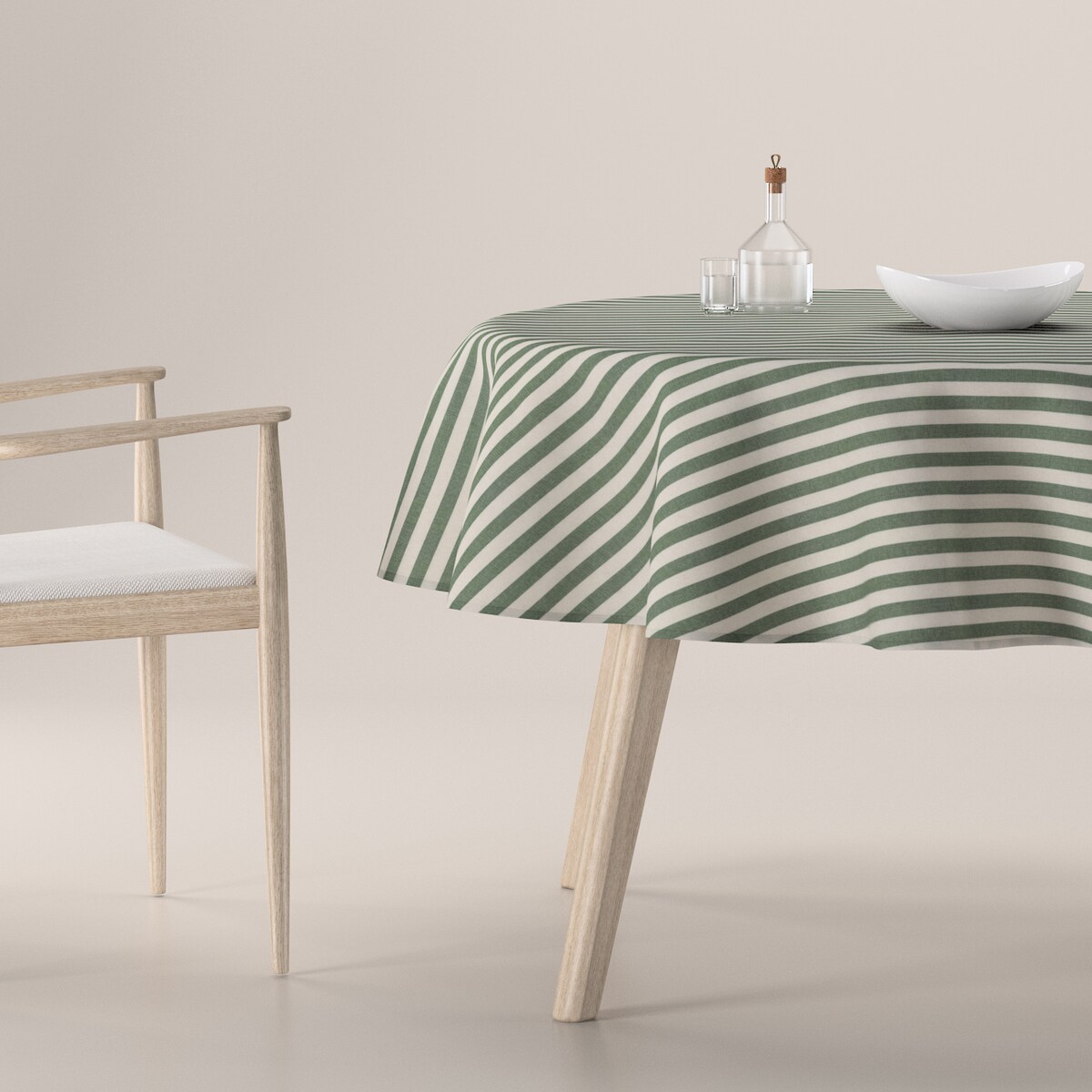 Obrus okrągły 160 x 160 cm zielono-białe pasy (1,5cm)