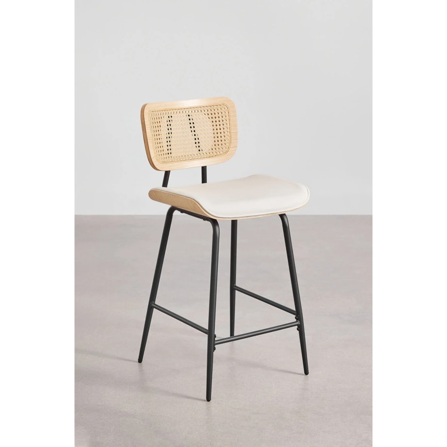 Krzesło barowe z drewna, rattanu i ekoskóry Raysa naturalne