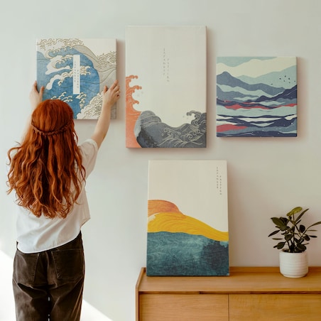 Zestaw 4 obrazów na płótnie - Fale sztuka japońska grafika - niebieski