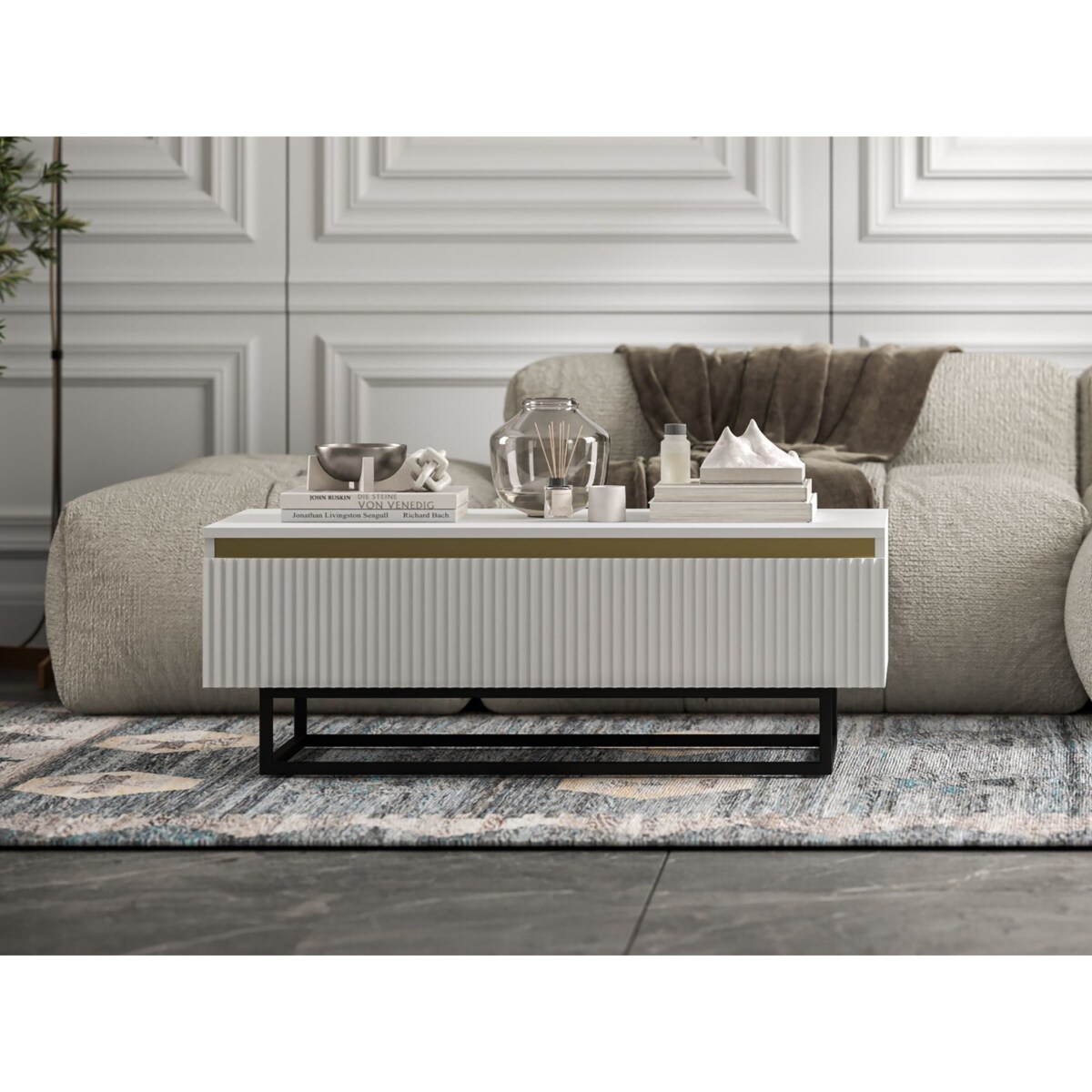 Stolik kawowy Glamour prostokątny elegancka ława Biały Mat Czarna Rama 109 cm