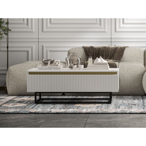 Stolik kawowy Glamour prostokątny elegancka ława Biały Mat Czarna Rama 109 cm