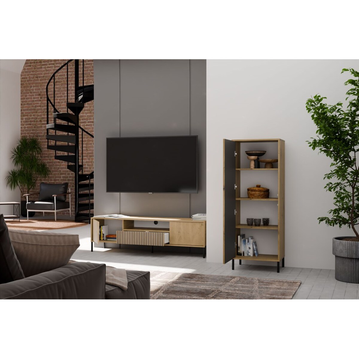 Witryna KAMARO 1DD SLIM DĄB ARTISAN Lamele Front Ryflowany