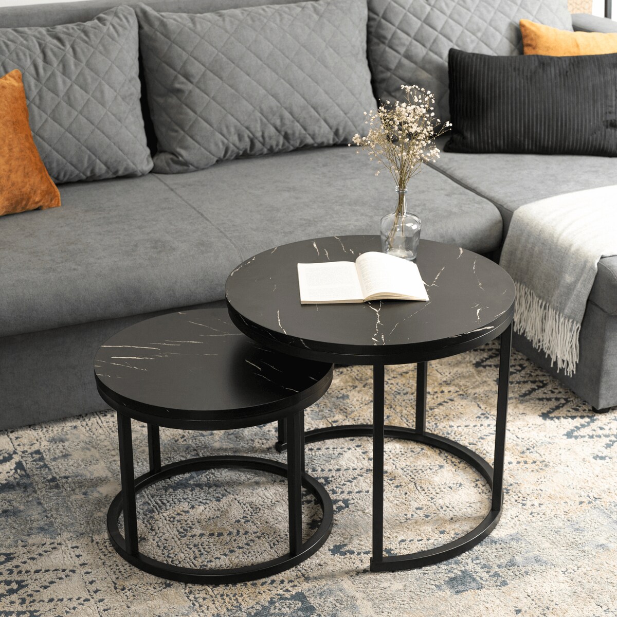 Zestaw Stolik Kawowy Okrągły 2w1 Ława Do Salonu Loft Czarny Marmur MAURO