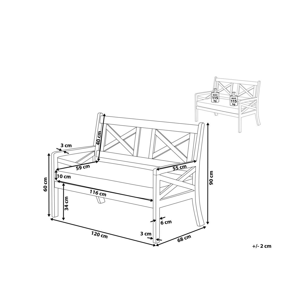 Ławka ogrodowa 120 cm drewniana biała z poduszką niebieską BALTIC