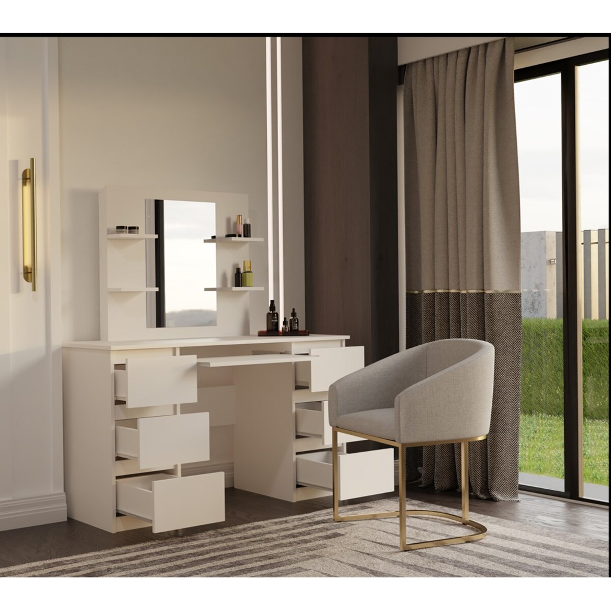 Toaletka Kosmetyczna Z Lustrem Do Makijażu Zestaw MARINA 4P + KUBA Biurko KASZMIR