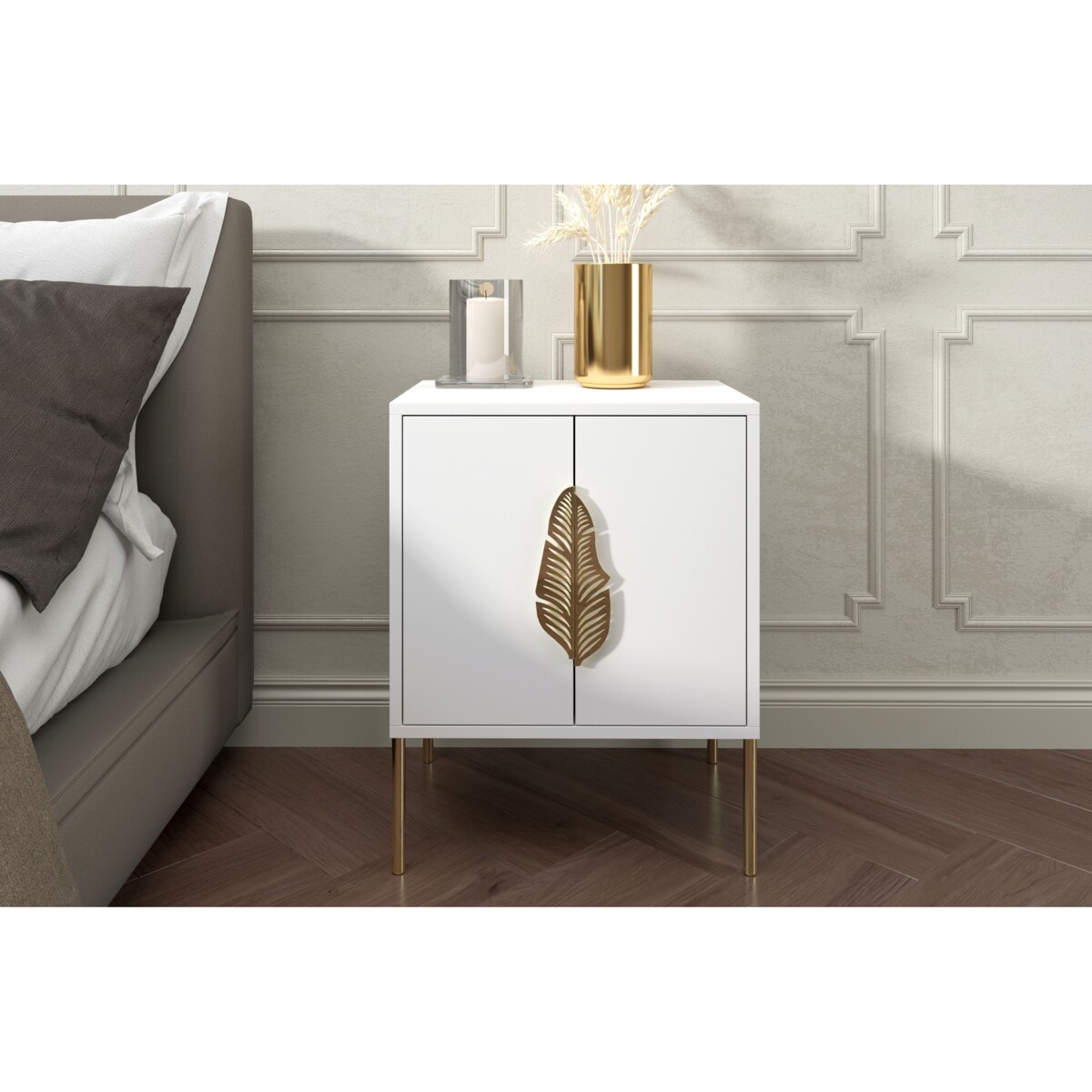 Biała szafka nocna Skandica MERLIN ze złotymi dodatkami