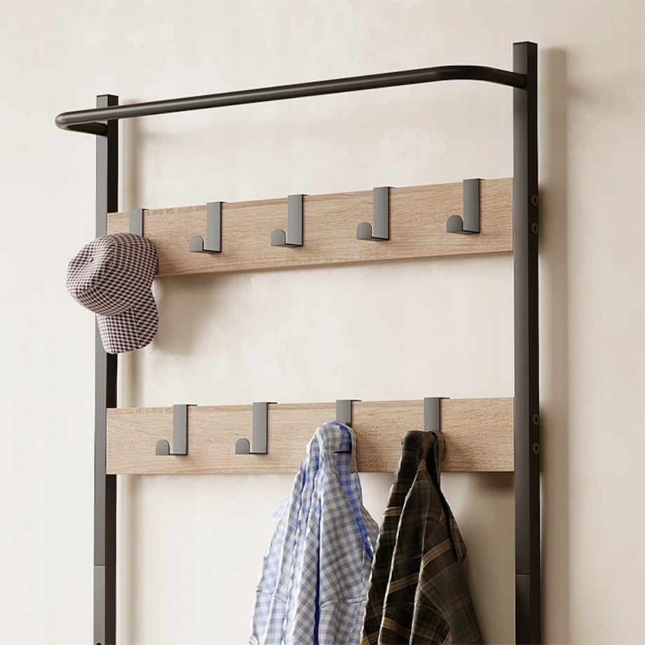 Wieszak na ubrania buty kurtki jasny brąz stojący podłogowy styl loft regał