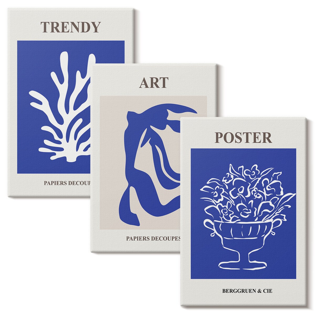 Zestaw 3 małych obrazów na płótnie - Abstrakcyjne plakaty Matisse boho - niebieski