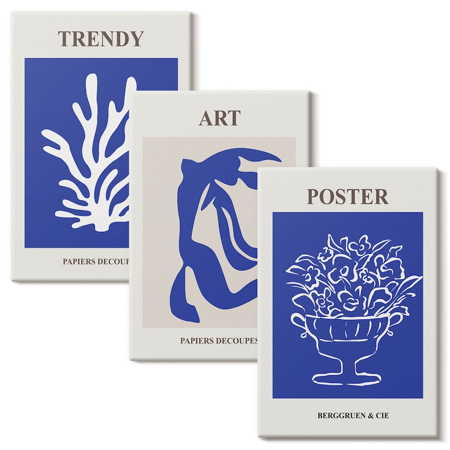 Zestaw 3 małych obrazów na płótnie - Abstrakcyjne plakaty Matisse boho - niebieski