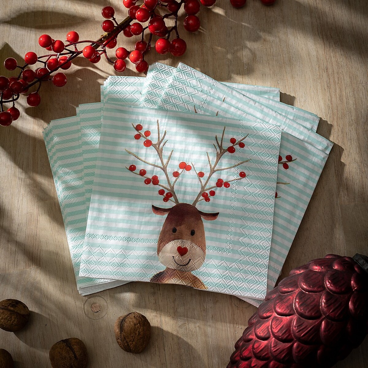 Serwetki świąteczne Reindeer Stripes 20 szt. boże narodzenie, święta, świąteczne, miętowy, 16x16x3 cm
