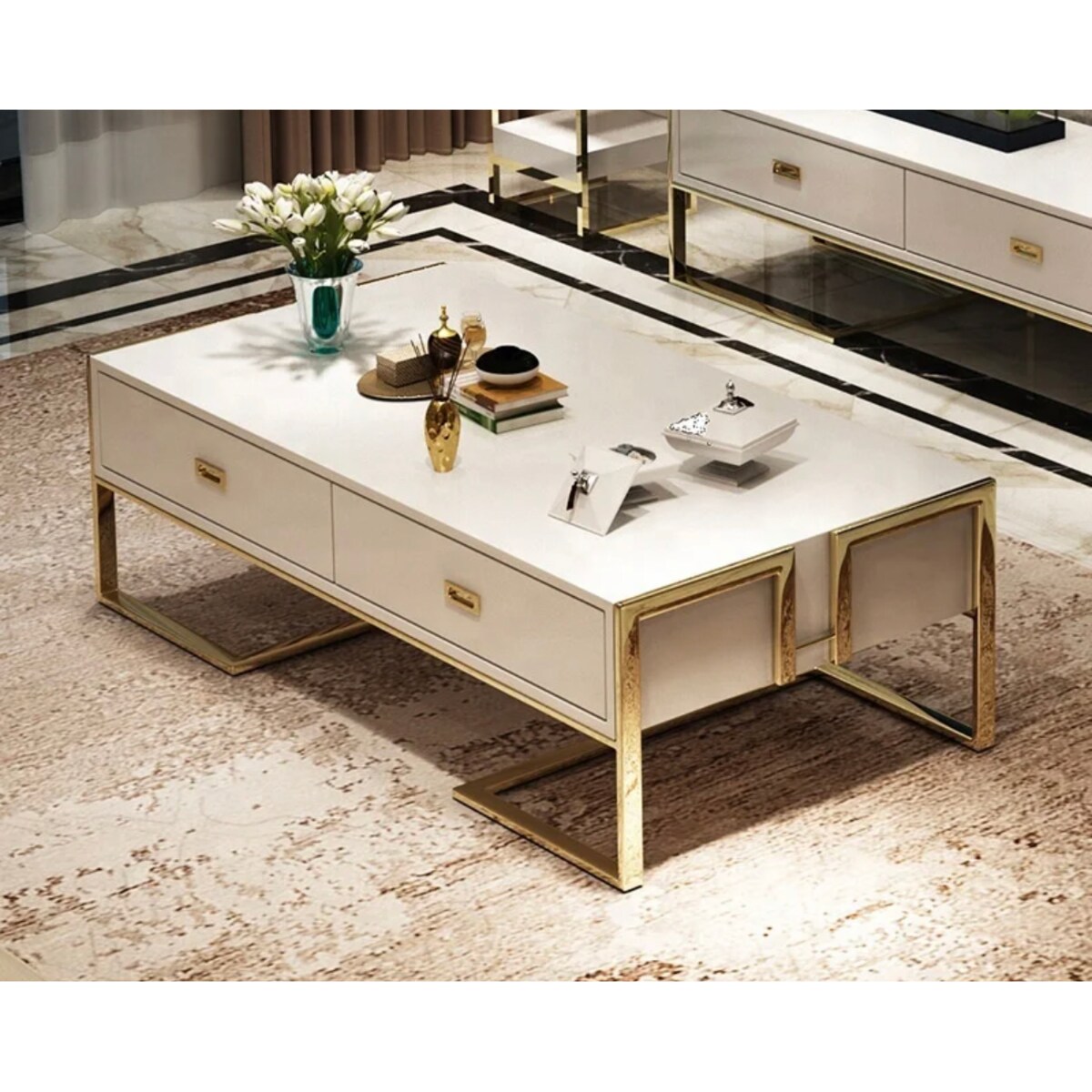 Nowoczesny złoty stolik kawowy biały z szyfladami nowojorski / ława Exclusive White Premium 130x70x42 glamour