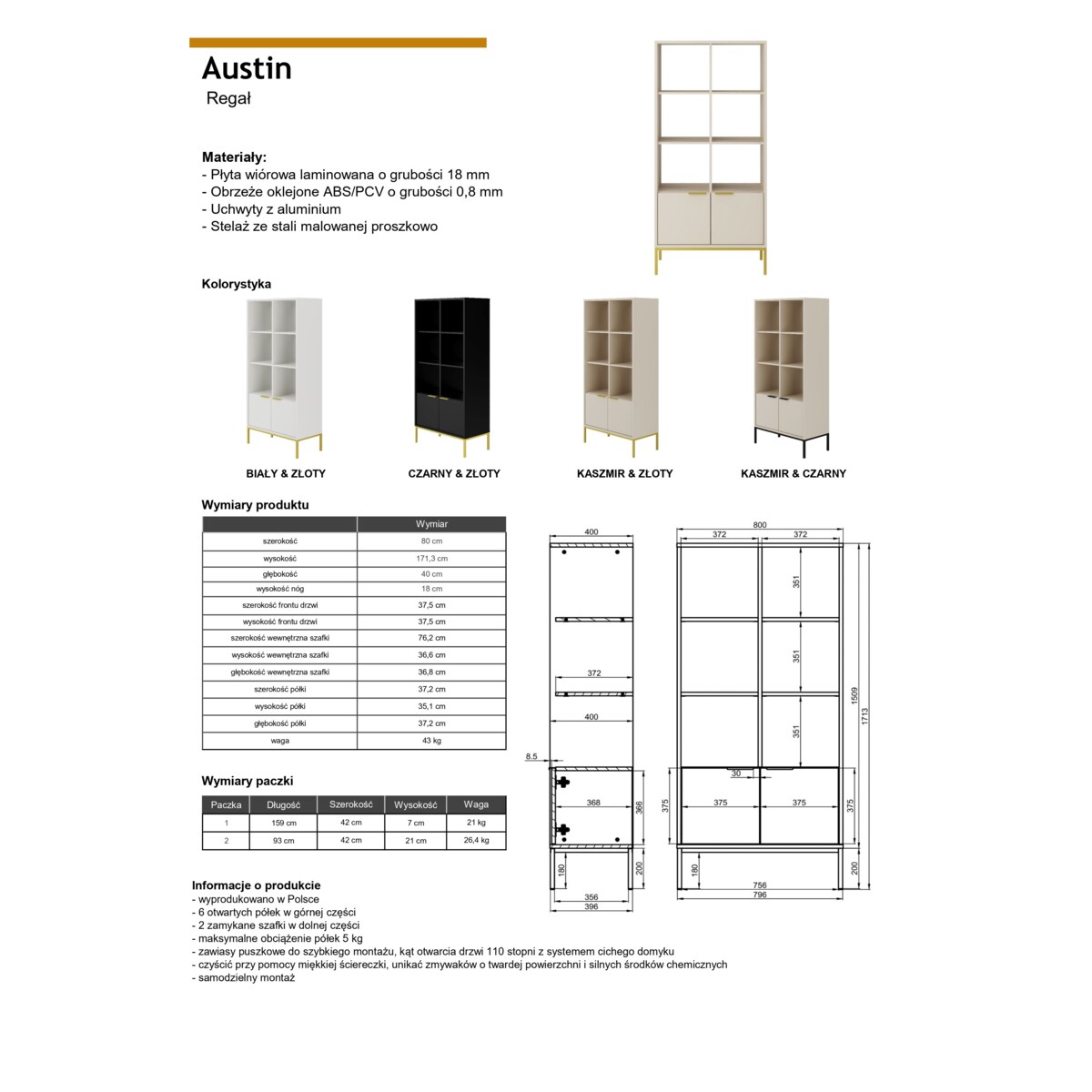 Regał Austin czarny & złoty