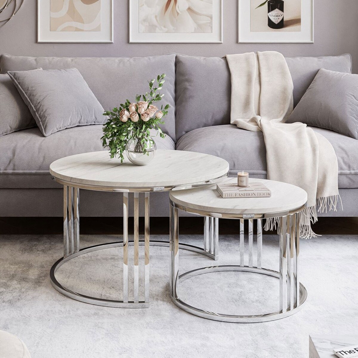 Okrągły stolik kawowy 2w1 LORI srebrny chrom marmur levanto