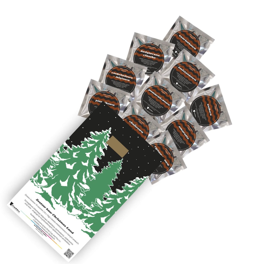 Gotowy zestaw prezentowy „Christmas Land“ kawa smakowa aromatyzowana mix 10 szt. prezent upominek pod choinkę dla kobiety faceta mężczyzny mamy taty chłopaka dziewczyny żony męża