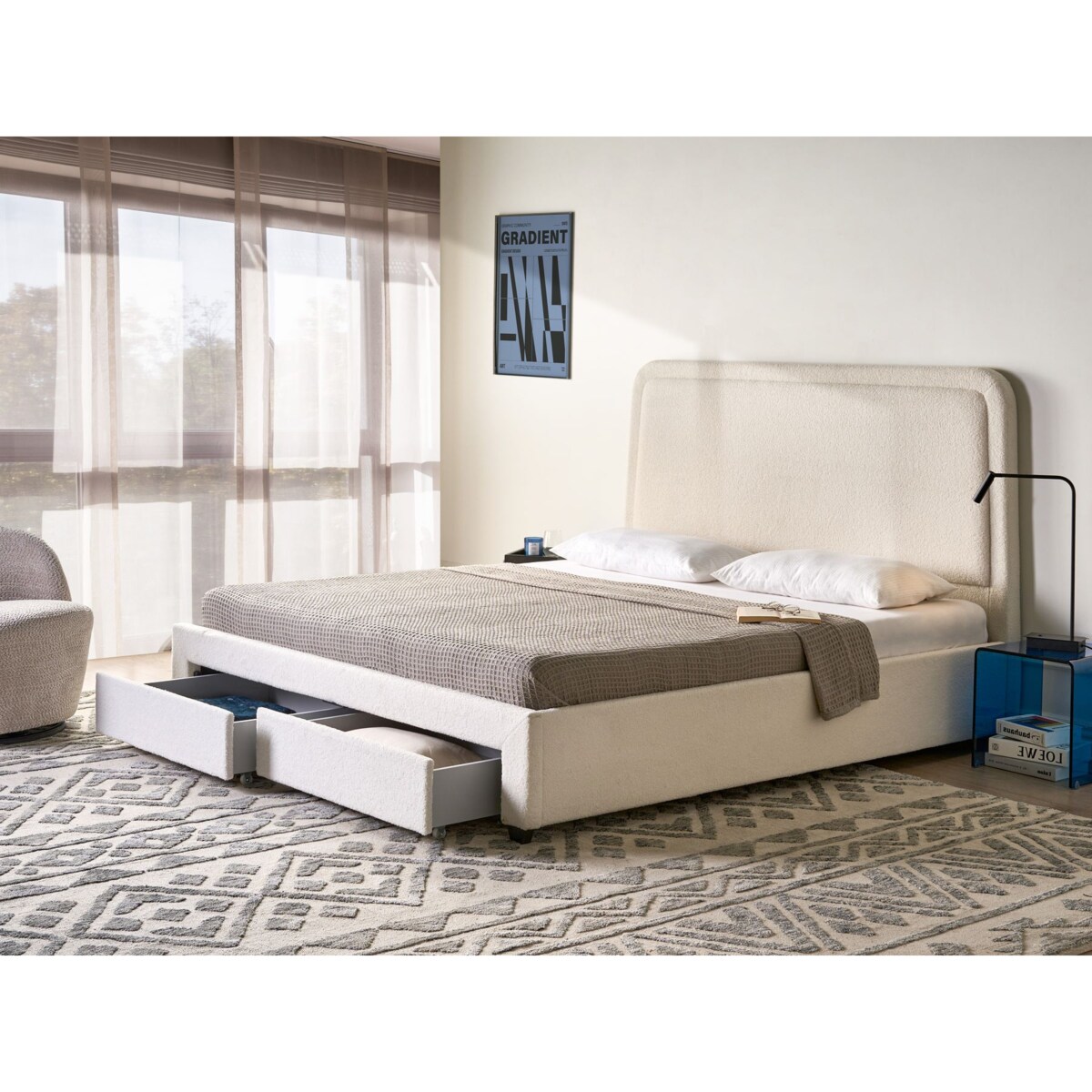 Łóżko z szufladami Boucle SARDENT 180 x 200 cm Złamana biel