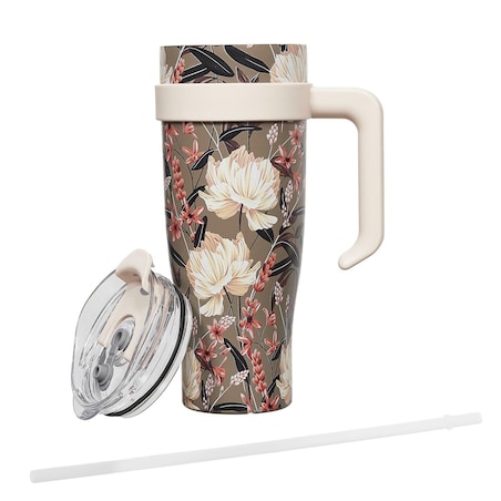 KUBEK TERMICZNY z uchwytem Fleur 1,2L beżowy ZE SŁOMKĄ