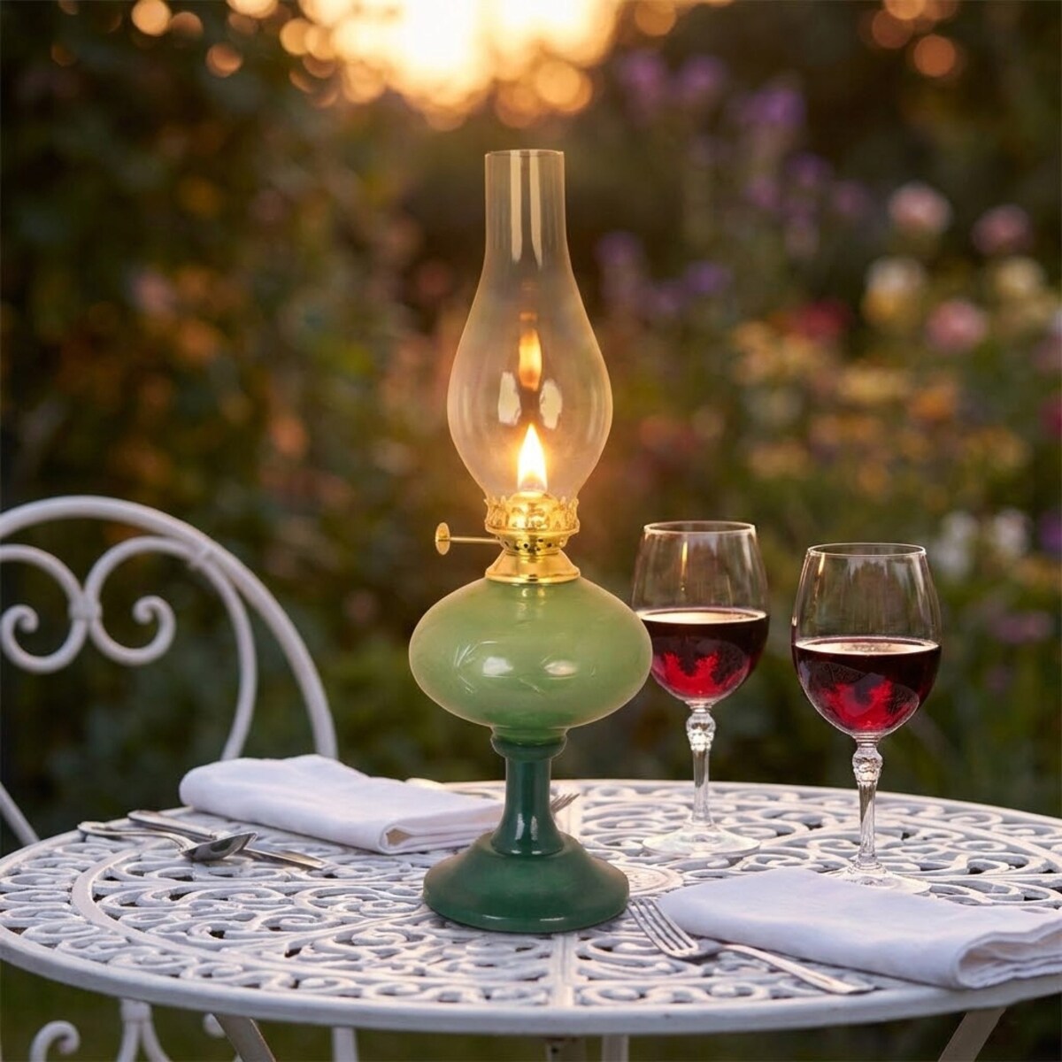 LAMPA NAFTOWA DUŻA ZIELONA SZKLANA KLOSZ RETRO DO DOMU OGRODU NA PREZENT