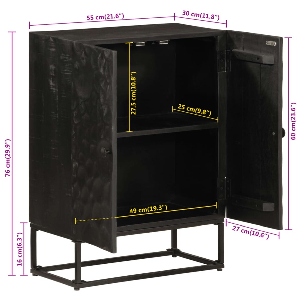 vidaXL Szafka, czarna, 55x30x76 cm, lite drewno mango i żelazo