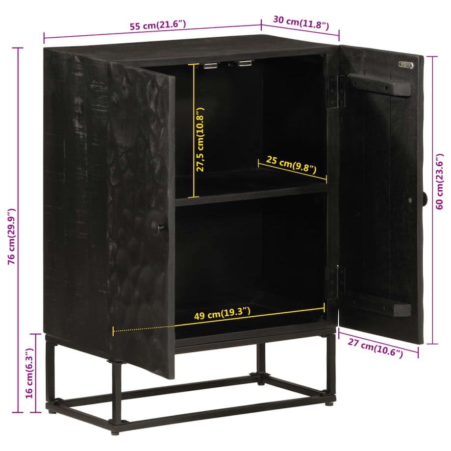 vidaXL Szafka, czarna, 55x30x76 cm, lite drewno mango i żelazo