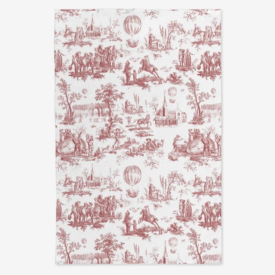 Lniany ręcznik kuchenny - Czerwony Toile de Jouy