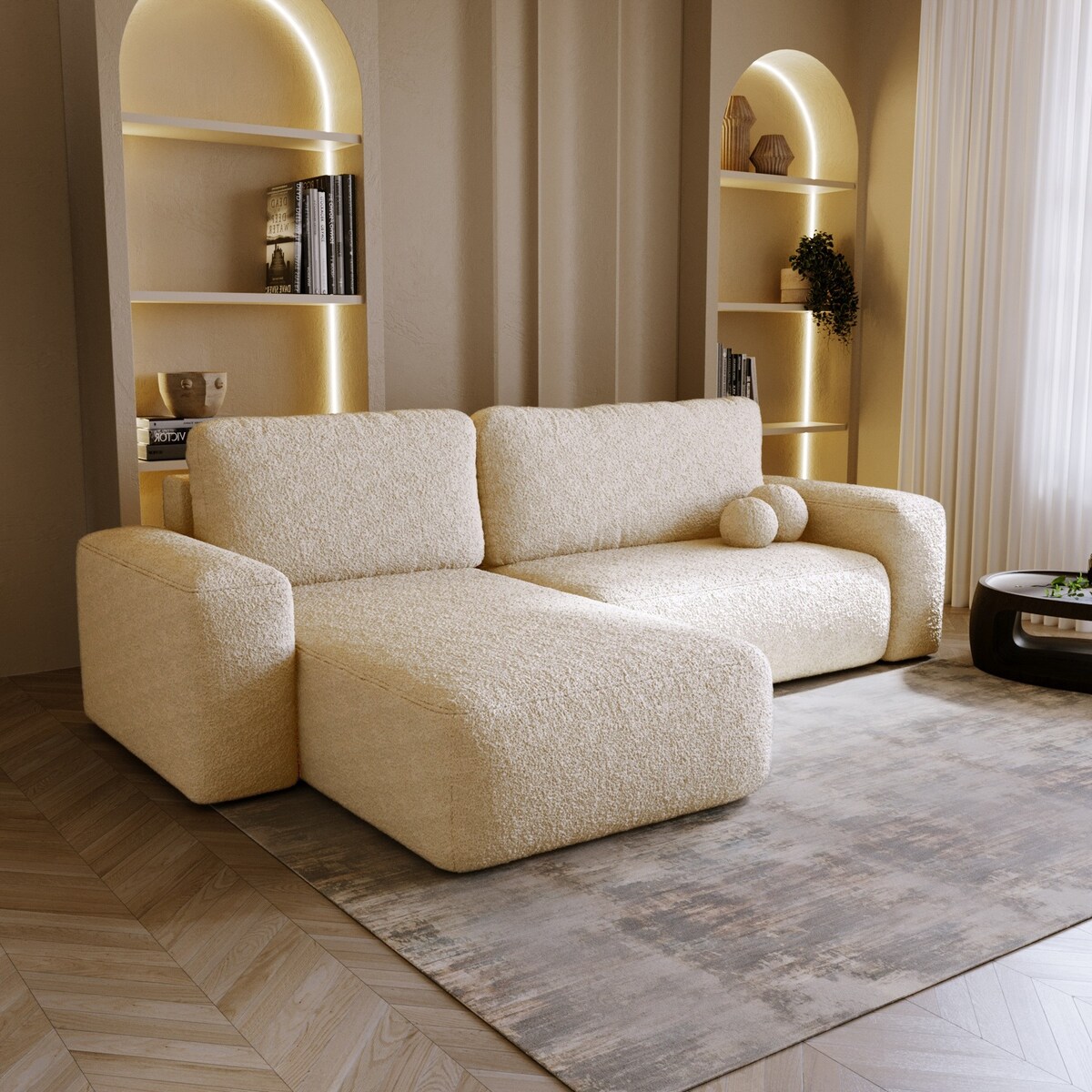 Narożnik Lewy ILO z funkcją spania i pojemnikiem na pościel, śmietankowy