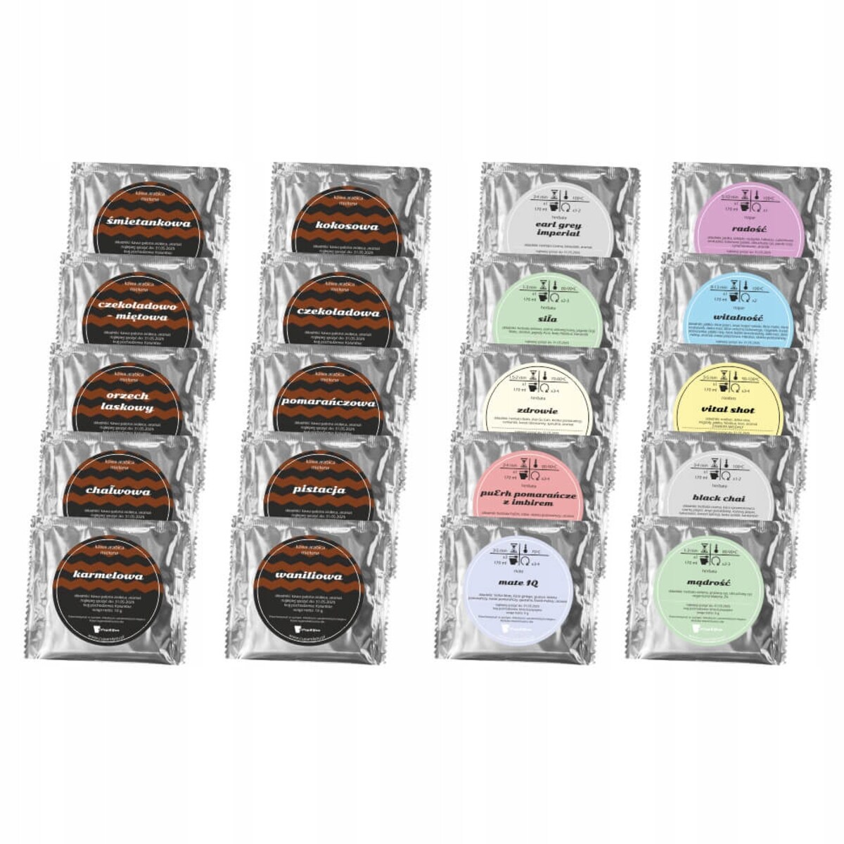 Zestaw mix 20 różnych smaków kaw mielonych i herbat liściastych premium "BIUROWE KOŁO RATUNKOWE" na prezent upominek dla kobiety faceta mężczyzny