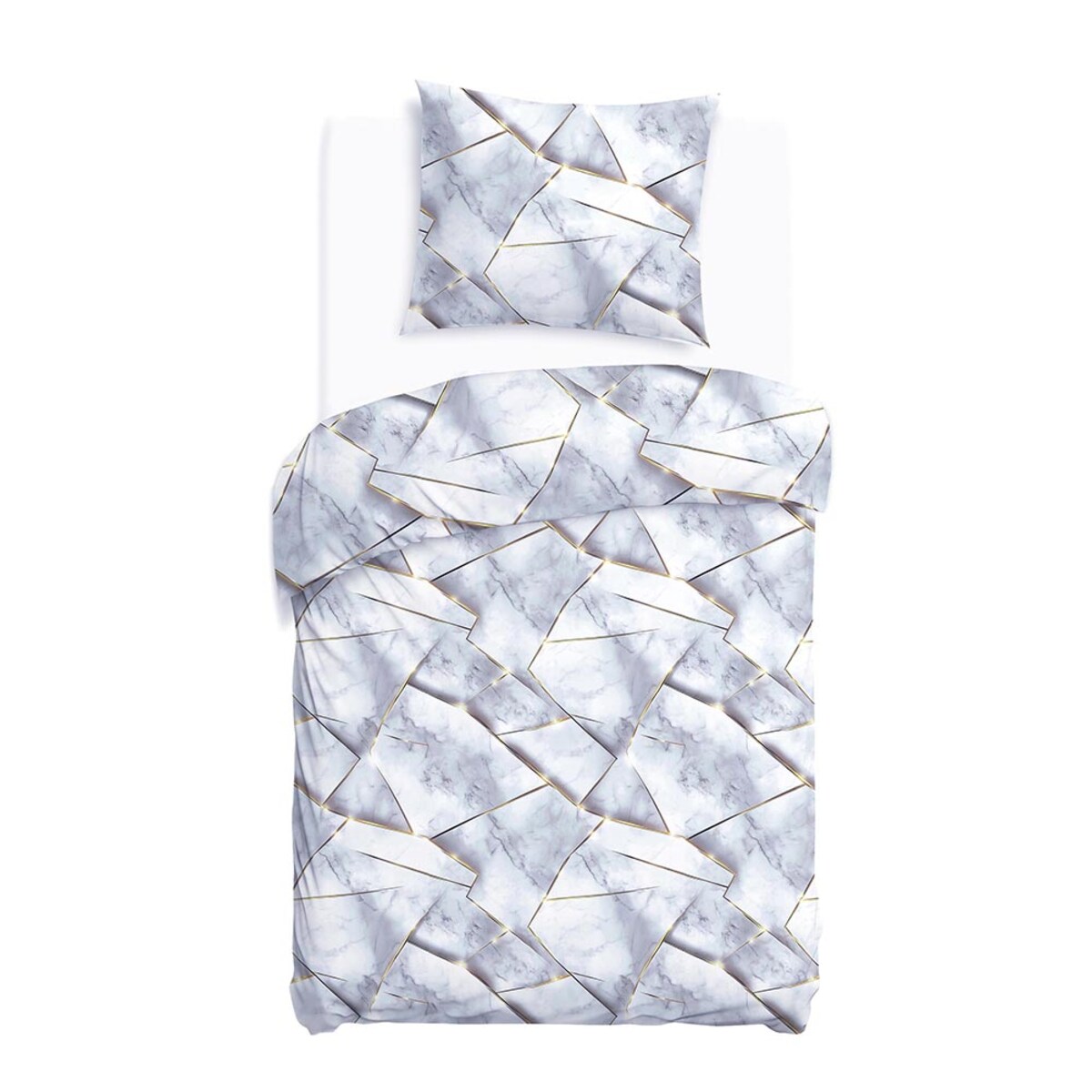 Pościel satyna bawełniana 140x200 Marbela marmur, biała i szara, złote detale, Satynlove