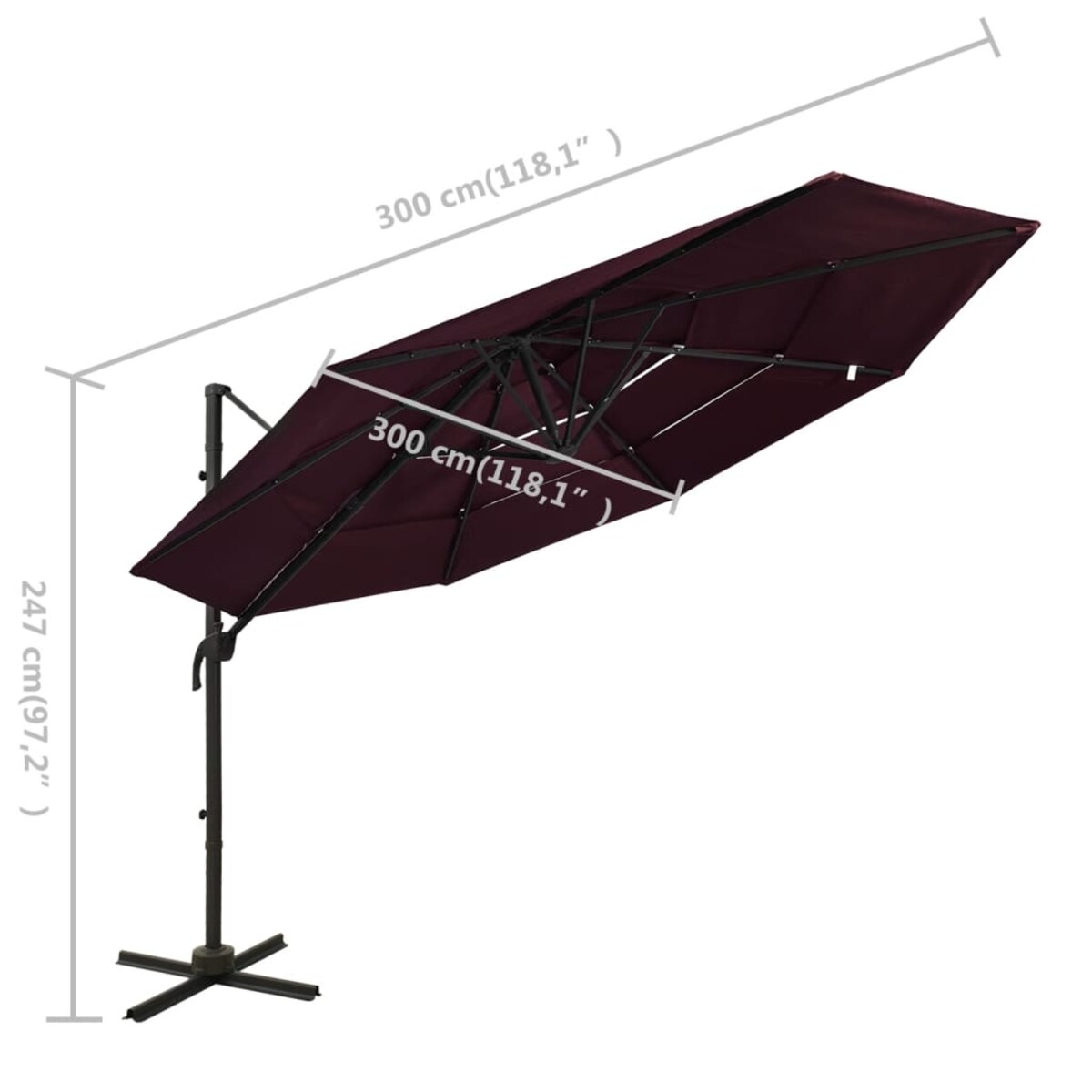 vidaXL 4-poziomowy parasol na aluminiowym słupku, bordowy, 3x3 m