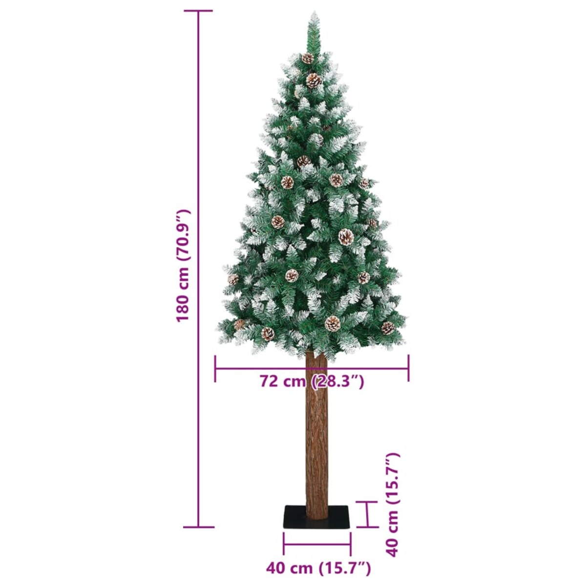 vidaXL Smukła choinka z drewnem i śniegiem, zielona, 180 cm